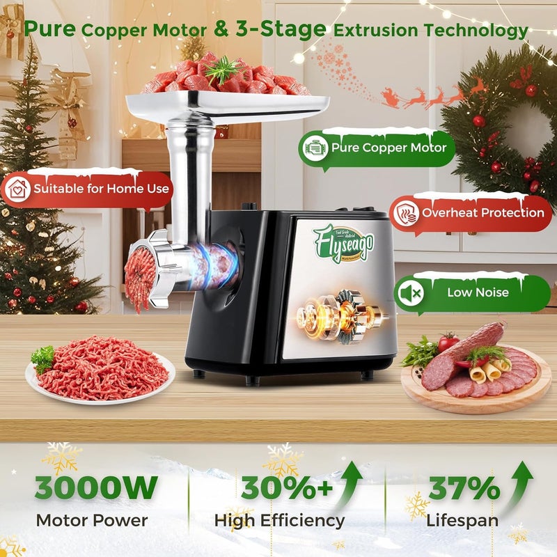Flyseago Electric Meat Grinder, Cheese Grater 3000W Multifunctional Meat Grinder with Juicer, Vegetable Cutter Veggie Slicer, Shredder, Meat Chopper, Sausage Stuffer, Kubbe Kit, Home Use - Image 4